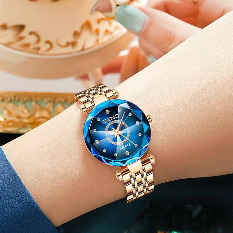 Relógio luxo marca quartzo Loja Global Adel Rosa ouro azul 2 