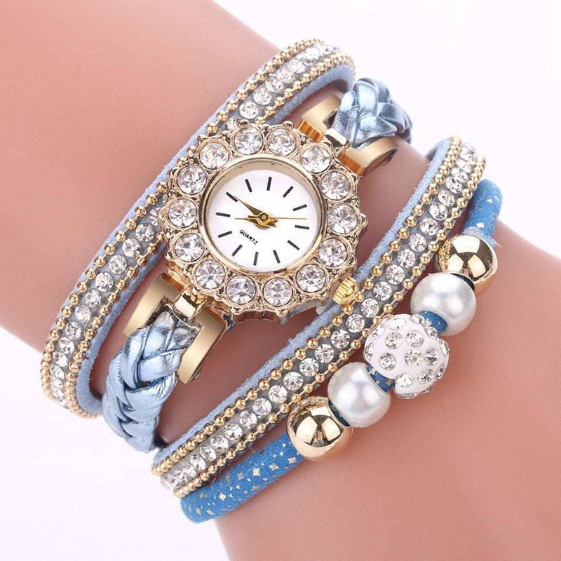 Relógios de couro de ouro de luxo para as mulheres vestido de pérolas relógios criativos casual Loja Global Adel Azul 