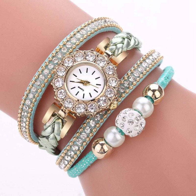 Relógios de couro de ouro de luxo para as mulheres vestido de pérolas relógios criativos casual Loja Global Adel Céu azul 